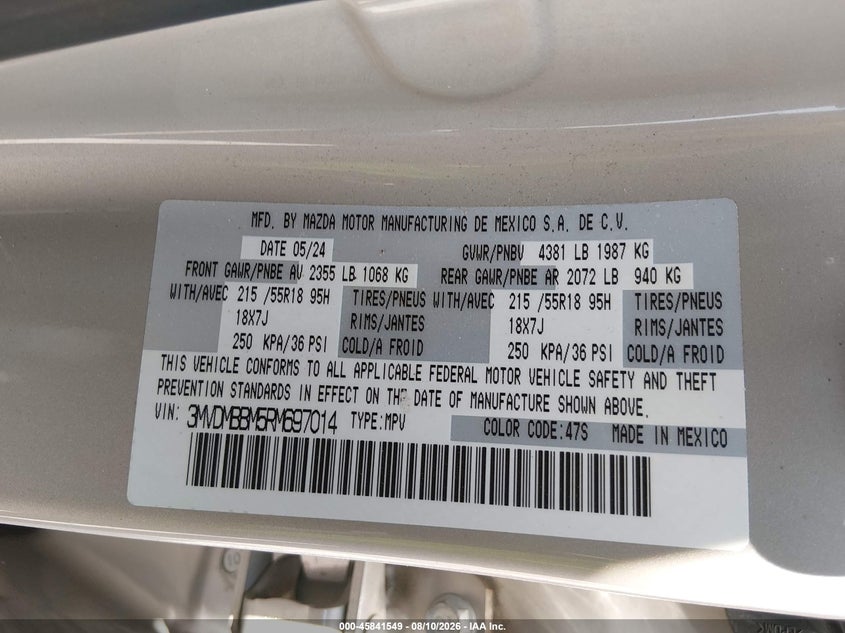 2024 Mazda Cx-30 VIN 3MVDMBBM5RM697014 IAAI salvage auction — LEFT FRONT, Enterprise Vehicles Clear Only (Mississippi), sold $8,600 on 2026-08-26 (photo 9)