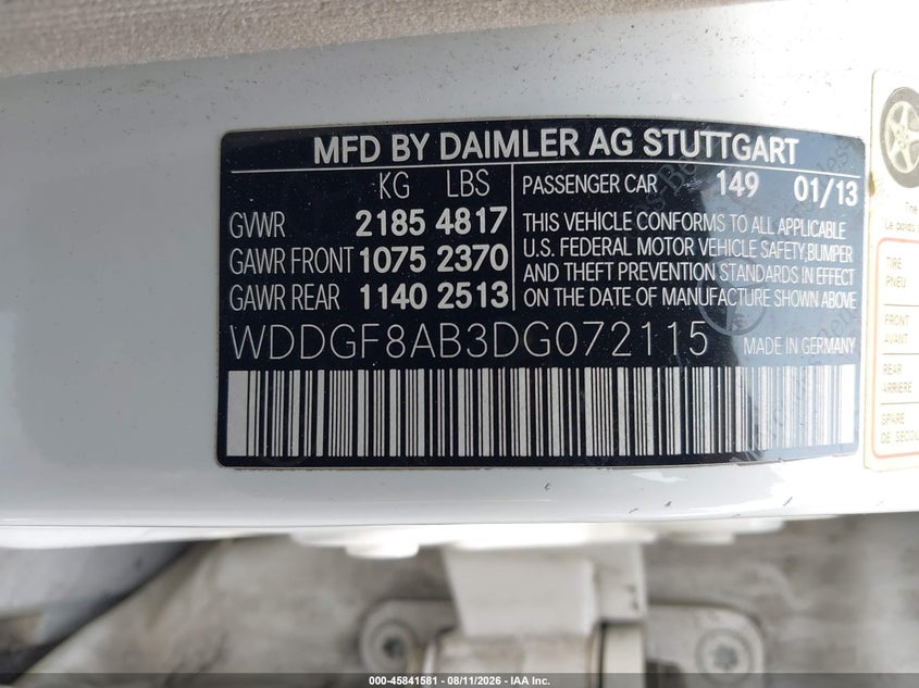 2013 Mercedes-benz C-klasse VIN WDDGF8AB3DG072115 IAAI salvage auction — NORMAL WEAR, Clear (Pennsylvania), sold $800 on 2026-08-19 (photo 9)