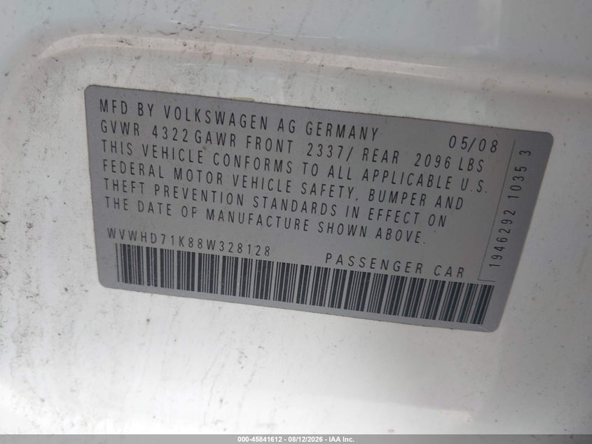 2008 Volkswagen Gti VIN WVWHD71K88W328128 IAAI salvage auction — NORMAL WEAR, Clear (New York), sold $225 on 2026-08-19 (photo 9)