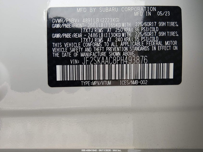 2023 Subaru Forester VIN JF2SKAAC8PH493876 IAAI salvage auction — REAR END, Salvage Title, sold $10,500 on 2026-09-14 (photo 9)
