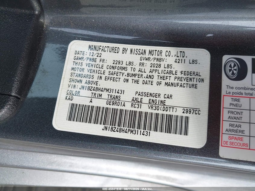 2023 Nissan Z VIN JN1BZ4BH4PM311431 IAAI salvage auction — REAR END, Wait Title, sold $14,000 on 2026-09-11 (photo 9)