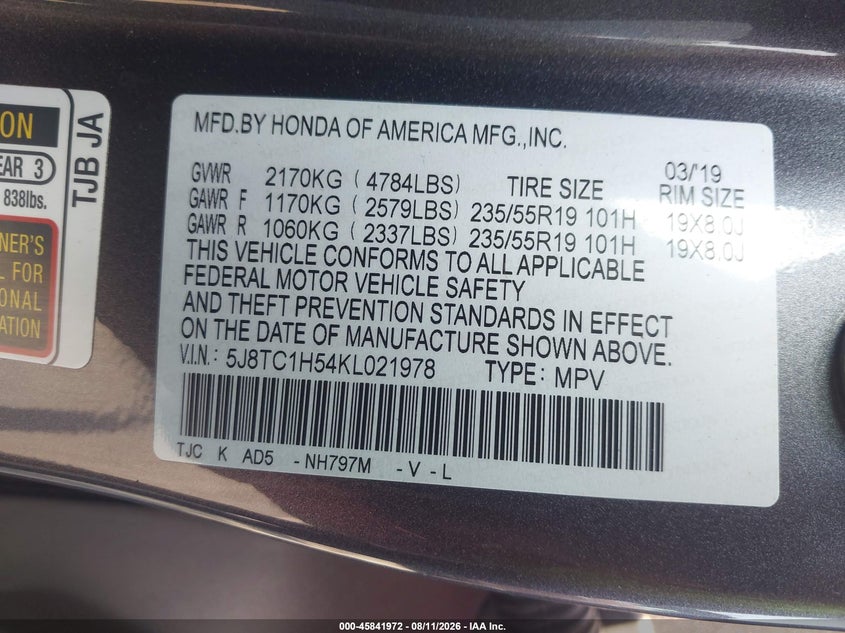 2019 Acura Rdx VIN 5J8TC1H54KL021978 IAAI salvage auction — FRONT & REAR, Salvage (North Carolina), sold $9,800 on 2026-08-23 (photo 9)