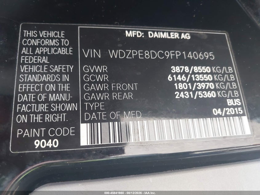 2015 Mercedes-benz Sprinter VIN WDZPE8DC9FP140695 IAAI salvage auction — NORMAL WEAR, Clear (Florida), sold $2,800 on 2026-08-19 (photo 9)