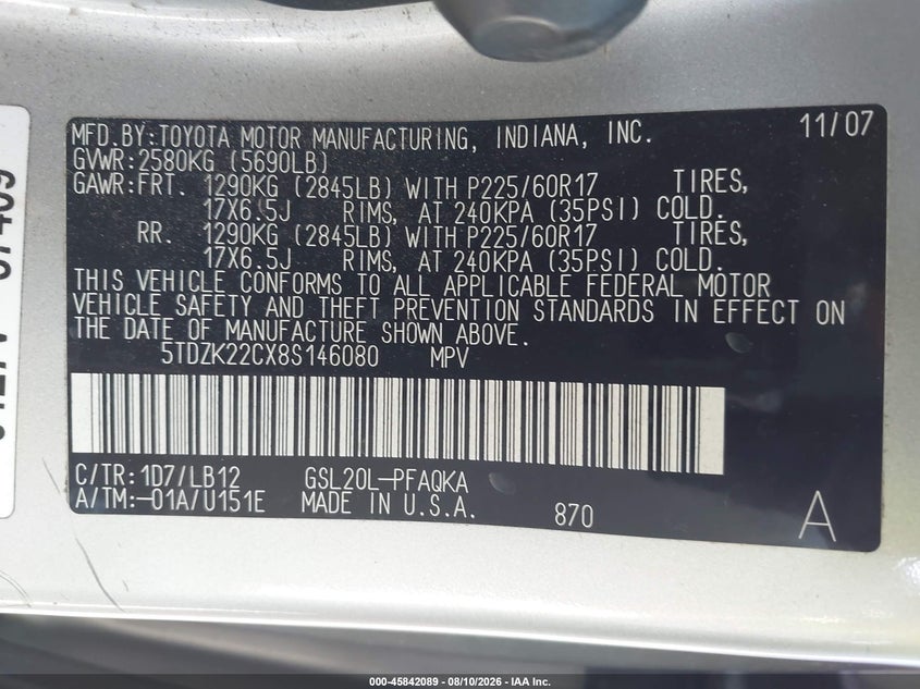 2008 Toyota Sienna VIN 5TDZK22CX8S146080 IAAI salvage auction — SIDE, Salvage (California), sold $1,150 on 2026-08-24 (photo 9)