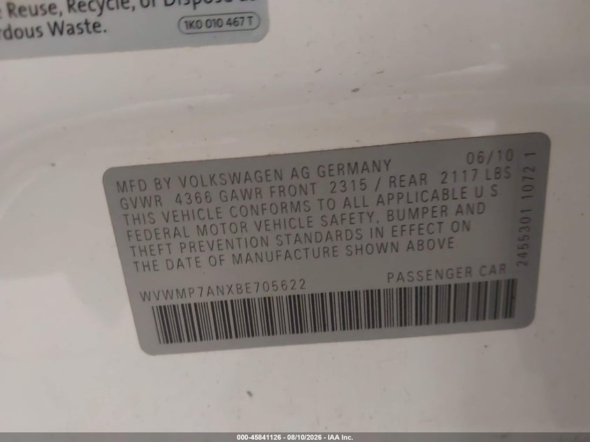 2011 Volkswagen Cc VIN WVWMP7ANXBE705622 IAAI salvage auction — NORMAL WEAR, Clear (Minnesota), sold $500 on 2026-08-14 (photo 9)