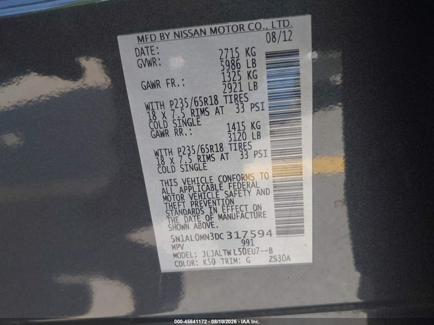2013 Infiniti Jx VIN 5N1AL0MN3DC317594 IAAI salvage auction — SIDE, Salvage (California), sold $1,500 on 2026-08-21 (photo 9)