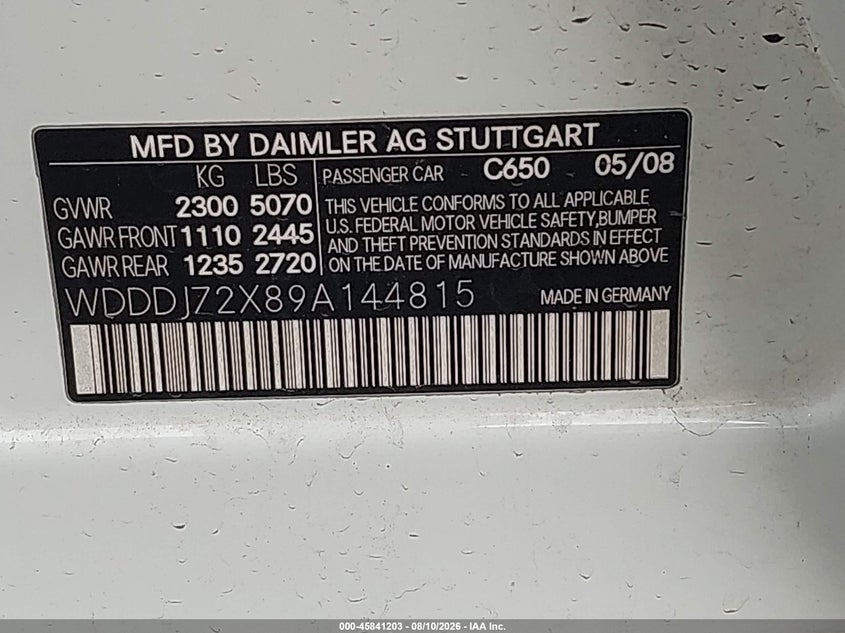 2009 Mercedes-benz Cls-class VIN WDDDJ72X89A144815 IAAI salvage auction — NORMAL WEAR, App For Dup Clear (California), sold $300 on 2026-08-17 (photo 9)