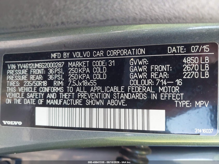 2016 Volvo S60 cross country VIN YV4612UM6G2000287 IAAI salvage auction — MECHANICAL, Clear (Florida), sold $900 on 2026-08-17 (photo 9)