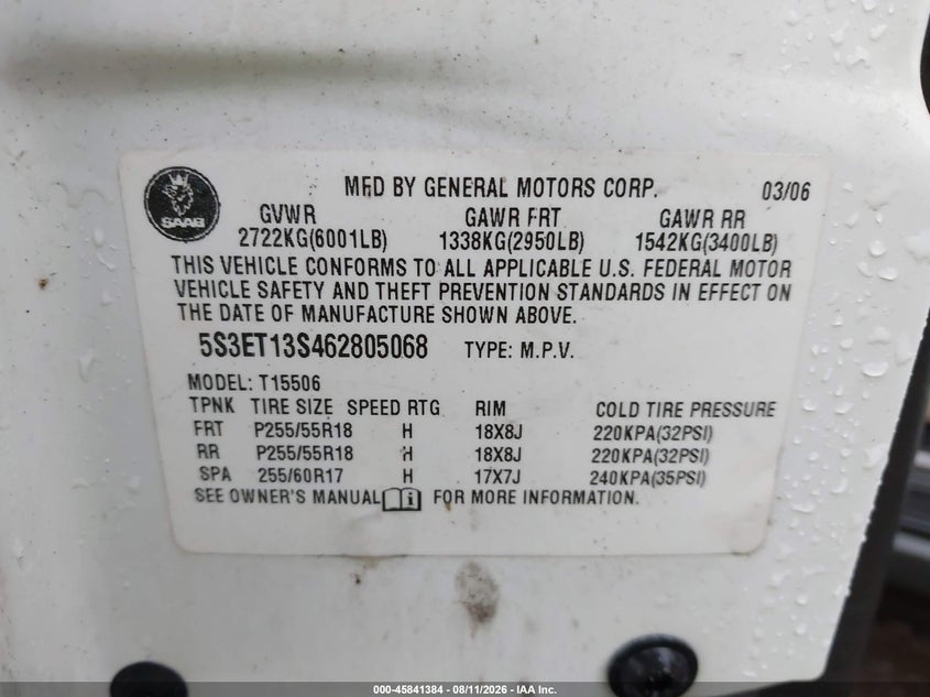 2006 Saab 9-7x VIN 5S3ET13S462805068 IAAI salvage auction — NORMAL WEAR, Original (Ohio), sold $250 on 2026-09-21 (photo 9)