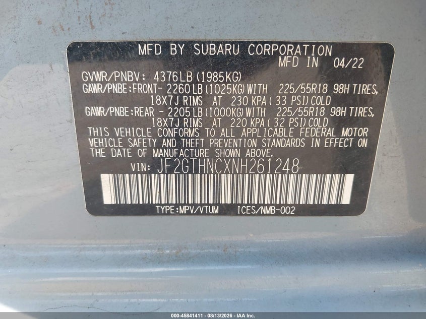2022 Subaru Xv VIN JF2GTHNCXNH261248 IAAI salvage auction — REAR END, Wait Title, sold $7,375 on 2026-08-26 (photo 9)