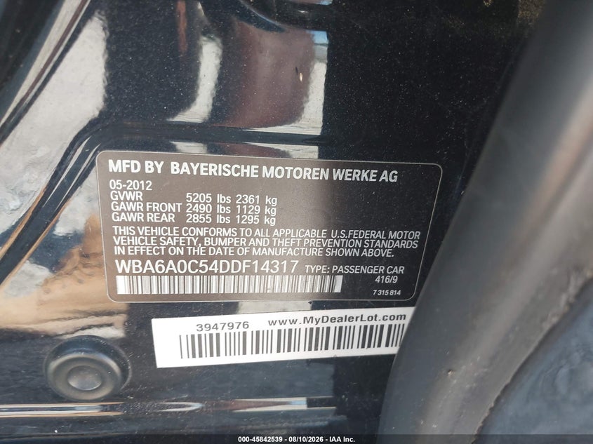 2013 BMW 6er VIN WBA6A0C54DDF14317 IAAI salvage auction — NORMAL WEAR, Clear (Georgia), sold $1,350 on 2026-08-18 (photo 9)