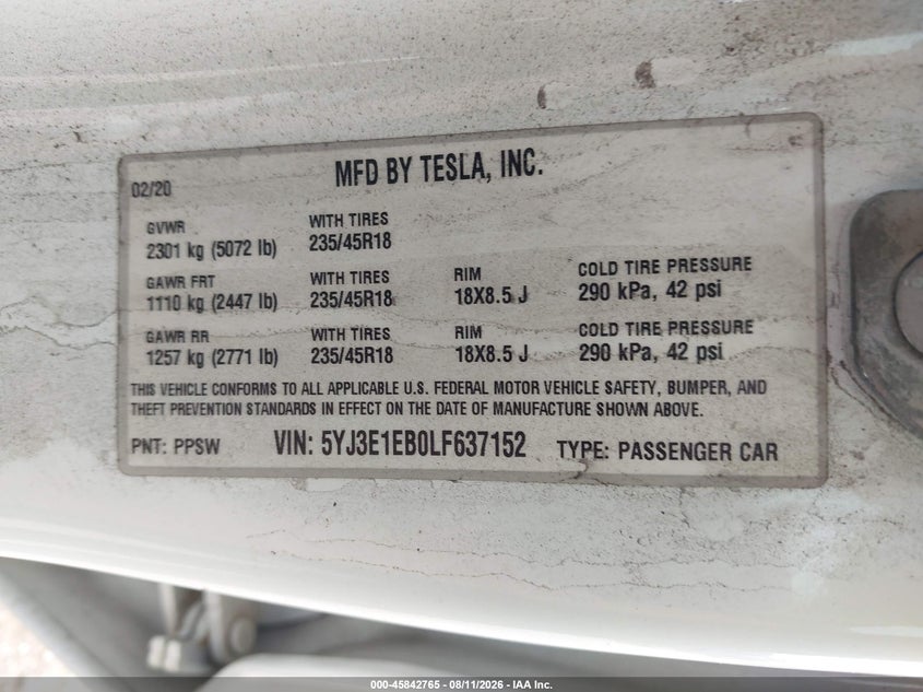 2020 Tesla Model 3 VIN 5YJ3E1EB0LF637152 IAAI salvage auction — REAR END, Salvage Title, sold $9,200 on 2026-09-16 (photo 9)