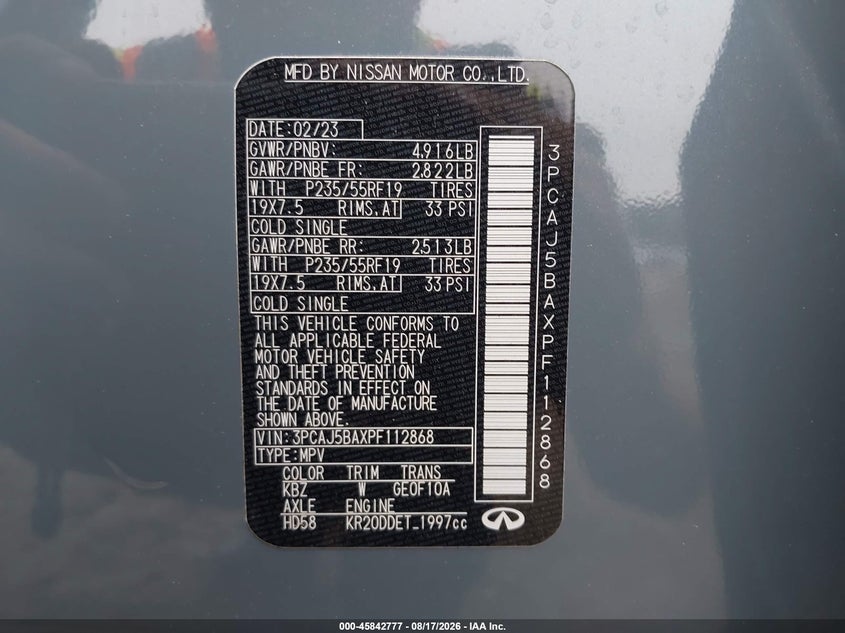 2023 Infiniti Qx50 VIN 3PCAJ5BAXPF112868 IAAI salvage auction — ROOF, Salvage Title, sold $10,200 on 2026-09-15 (photo 9)