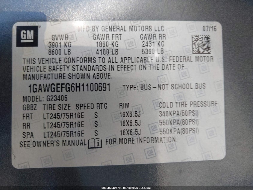 2017 Chevrolet Express 2500 VIN 1GAWGEFG6H1100691 IAAI salvage auction — NORMAL WEAR, Sf97 (Washington), sold $15,200 on 2026-08-26 (photo 9)