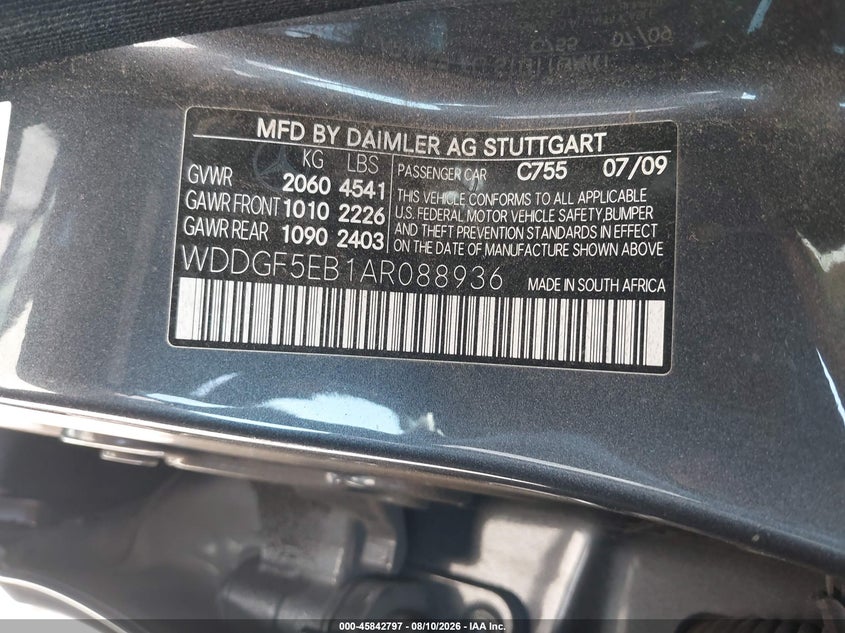 2010 Mercedes-benz C class VIN WDDGF5EB1AR088936 IAAI salvage auction — UNKNOWN, Clear (Florida), sold $975 on 2026-08-19 (photo 9)