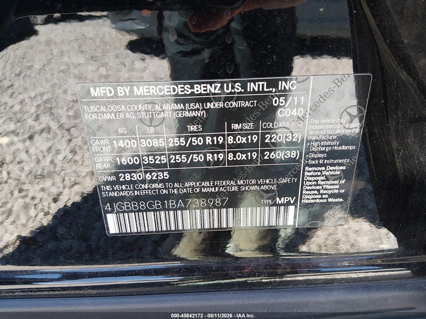 2011 Mercedes-benz Ml-class VIN 4JGBB8GB1BA738987 IAAI salvage auction — SIDE, Bill Of Sale (Washington), sold $5,175 on 2026-09-02 (photo 9)