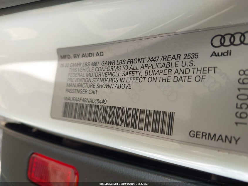 2022 Audi A4 VIN WAUFAAF48NA045449 IAAI salvage auction — SIDE, Salvage Title, sold $13,250 on 2026-09-17 (photo 9)