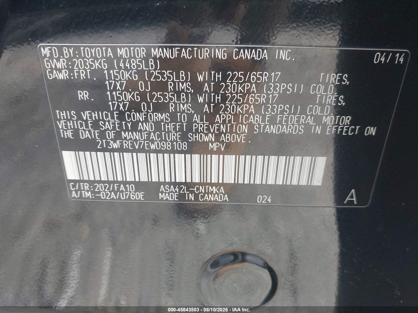 2014 Toyota Rav 4 VIN 2T3WFREV7EW098108 IAAI salvage auction — NORMAL WEAR, Clear (Georgia), sold $5,700 on 2026-08-31 (photo 9)