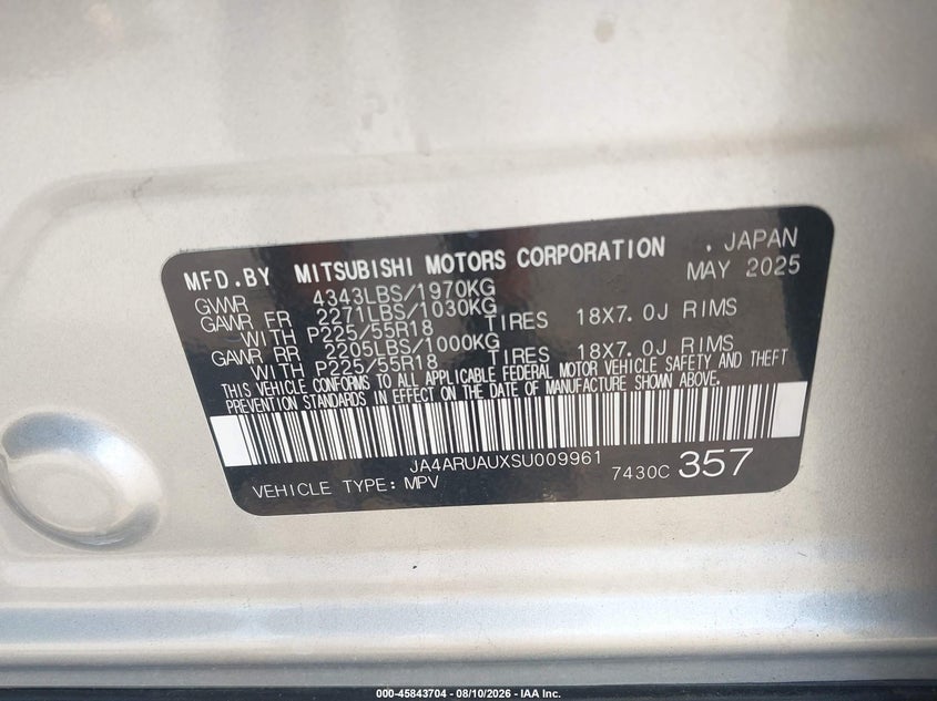 2025 Mitsubishi Outlander VIN JA4ARUAUXSU009961 IAAI salvage auction — LEFT REAR, Enterprise Vehicles Clear Only (New Jersey), sold $11,025 on 2026-08-21 (photo 9)