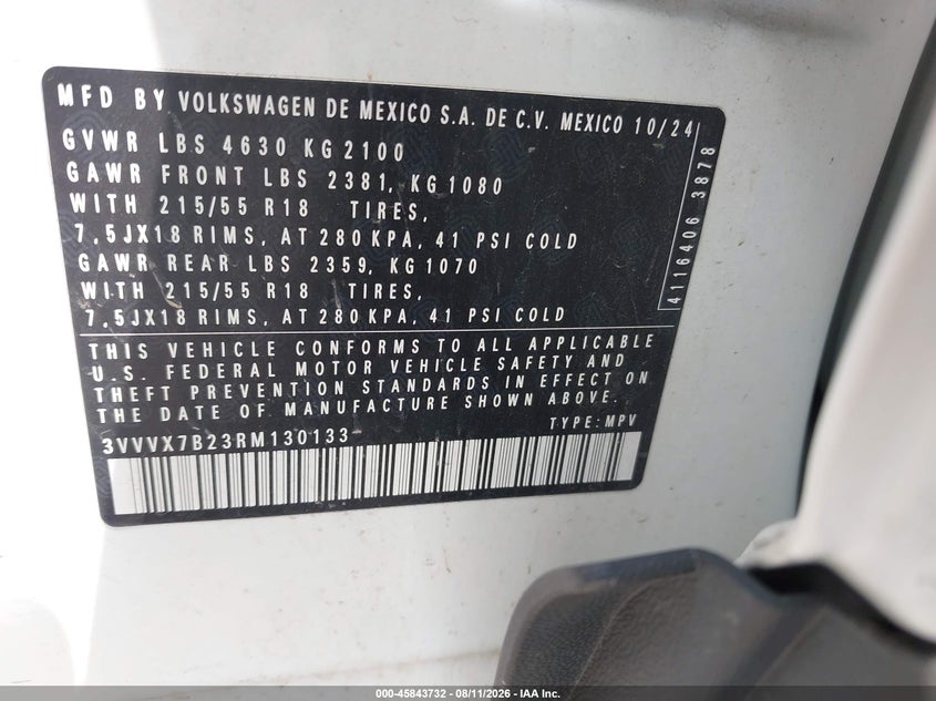 2024 Volkswagen Taos VIN 3VVVX7B23RM130133 IAAI salvage auction — LEFT FRONT, Salvage Title, sold $8,475 on 2026-08-21 (photo 9)