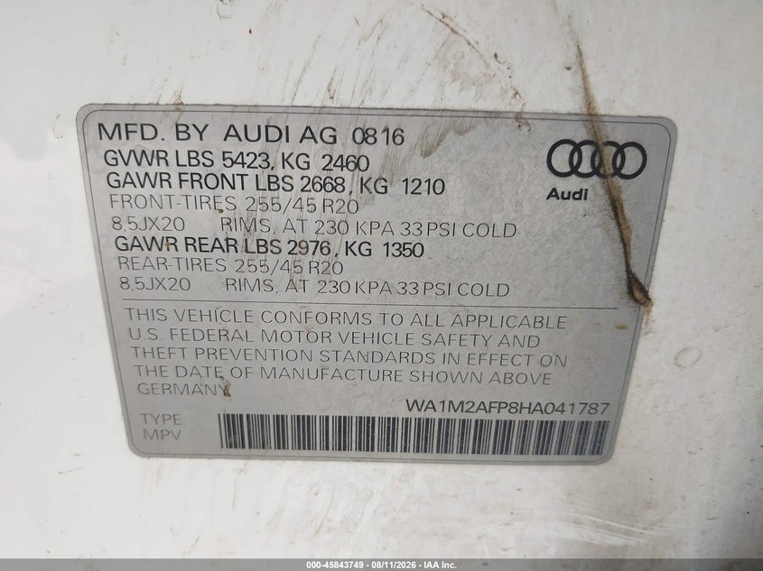 2017 Audi Q5 VIN WA1M2AFP8HA041787 IAAI salvage auction — FRONT END, Bill Of Sale (Washington), sold $2,925 on 2026-08-28 (photo 9)