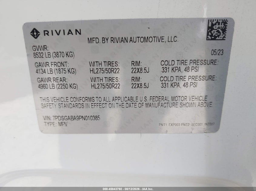 2023 Rivian R1s VIN 7PDSGABA9PN010385 IAAI salvage auction — SIDE, Wait Title, sold $18,000 on 2026-10-01 (photo 9)