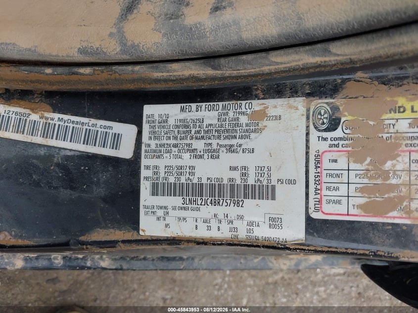 2011 Lincoln Mkz VIN 3LNHL2JC4BR757982 IAAI salvage auction — WATER/FLOOD, Non-Repairable Certificate (West Virginia), sold $250 on 2026-09-10 (photo 9)