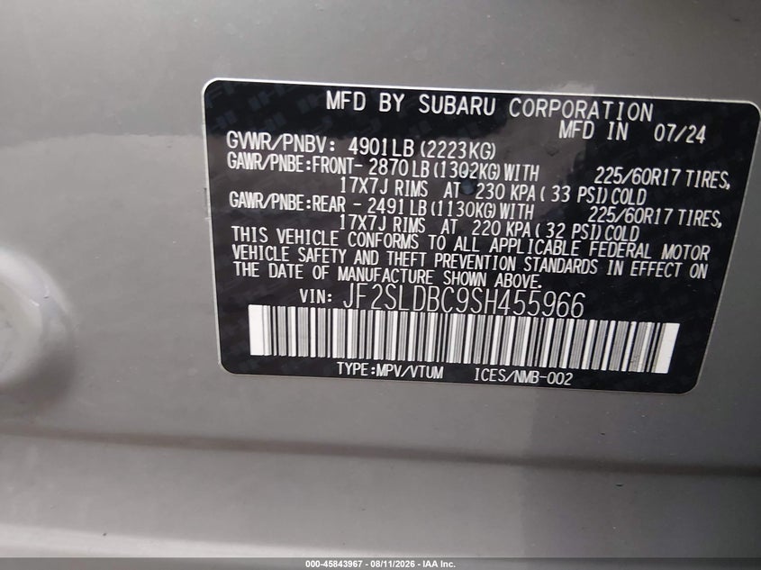 2025 Subaru Forester VIN JF2SLDBC9SH455966 IAAI salvage auction — FRONT END, Wait Title, sold $3,750 on 2026-09-10 (photo 9)