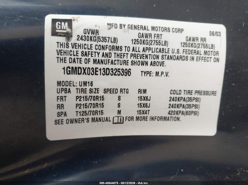 2003 Pontiac Montana VIN 1GMDX03E13D325396 IAAI salvage auction — NORMAL WEAR, Clear (Illinois), sold $175 on 2026-08-25 (photo 9)