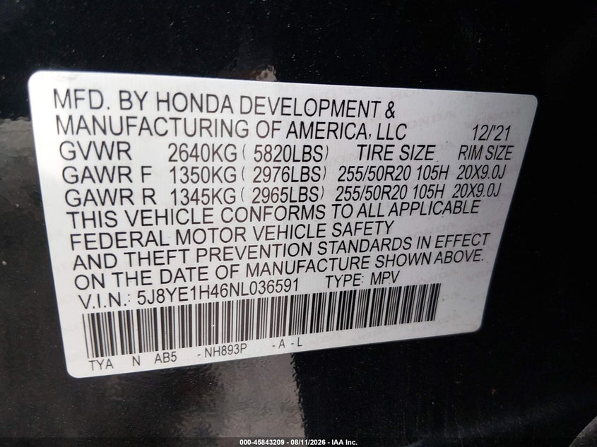 2022 Acura Mdx VIN 5J8YE1H46NL036591 IAAI salvage auction — THEFT, Salvage (Pennsylvania), sold $16,350 on 2026-09-25 (photo 9)
