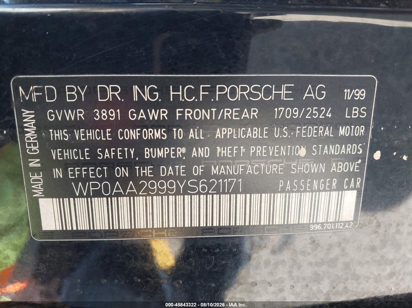 2000 Porsche 911 VIN WP0AA2999YS621171 IAAI salvage auction — ENGINE BURN, Clear (Texas), sold $800 on 2026-08-13 (photo 9)