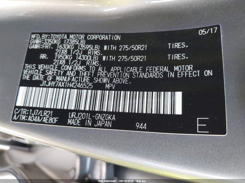 2017 Lexus Lx VIN JTJHY7AX1H4246525 IAAI salvage auction — FRONT & REAR, Wait Title, sold $27,500 on 2026-09-09 (photo 9)