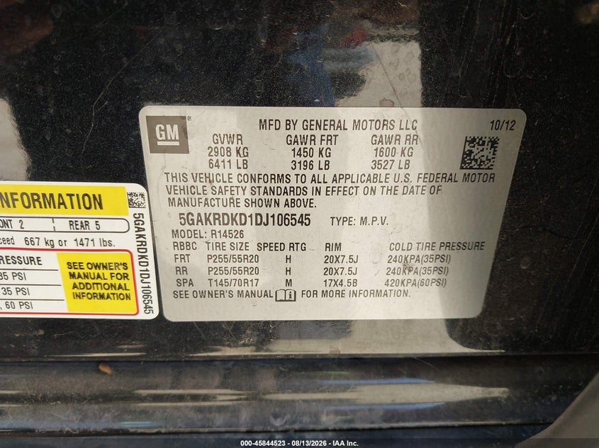 2013 Buick Enclave VIN 5GAKRDKD1DJ106545 IAAI salvage auction — FRONT END, Wait Title, sold $1,150 on 2026-08-31 (photo 9)