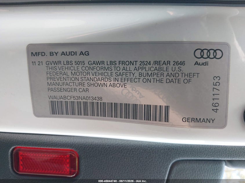 2022 Audi A5 VIN WAUABCF53NA013438 IAAI salvage auction — RIGHT SIDE, Salvage Title, sold $11,625 on 2026-08-29 (photo 9)