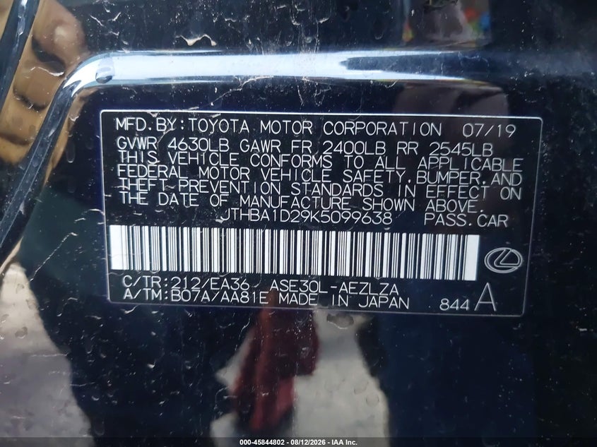 2019 Lexus Is 300 VIN JTHBA1D29K5099638 IAAI salvage auction — FRONT END, Salvage (Arizona), sold $7,200 on 2026-08-26 (photo 9)