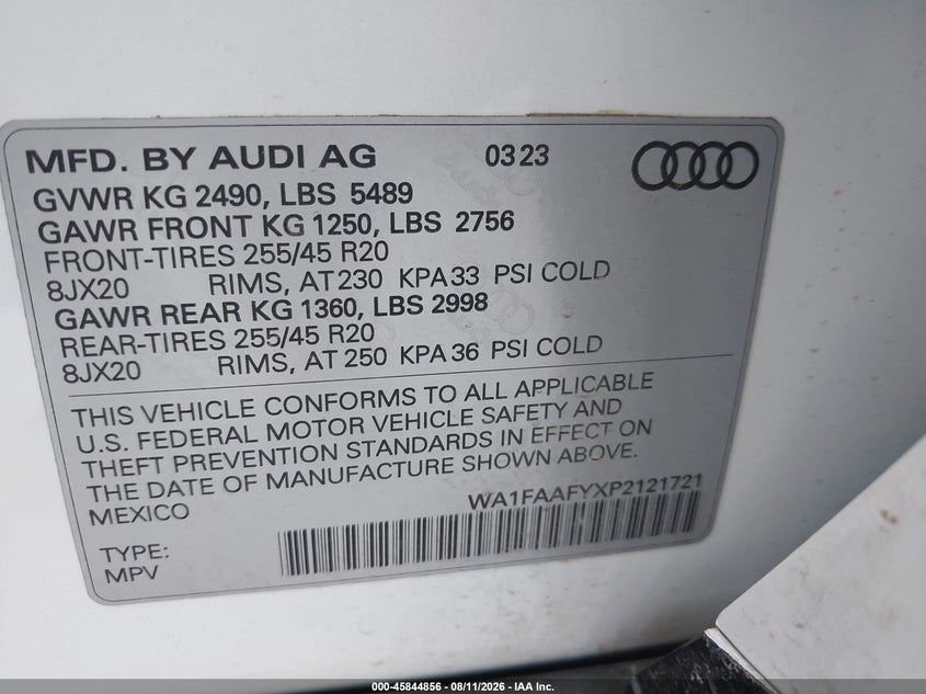 2023 Audi Q5 VIN WA1FAAFYXP2121721 IAAI salvage auction — FRONT END, Salvage Title, sold $13,400 on 2026-09-14 (photo 9)