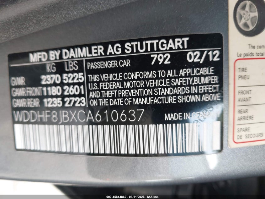 2012 Mercedes-benz E-class VIN WDDHF8JBXCA610637 IAAI salvage auction — NORMAL WEAR, Clear (Pennsylvania), sold $75 on 2026-08-18 (photo 9)