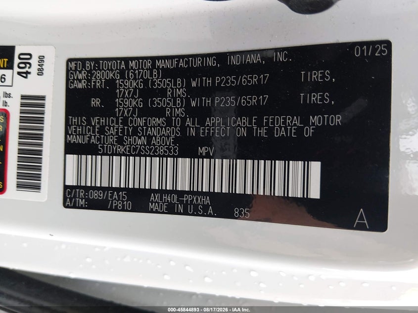 2025 Toyota Sienna VIN 5TDYRKEC7SS238533 IAAI salvage auction — REAR END, Salvage Title, sold $22,600 on 2026-08-20 (photo 9)