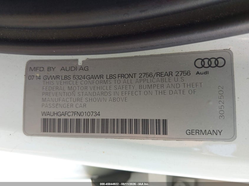 2015 Audi A6 VIN WAUHGAFC7FN010734 IAAI salvage auction — WATER/FLOOD, Salvage (North Carolina), sold $1,975 on 2026-09-21 (photo 9)