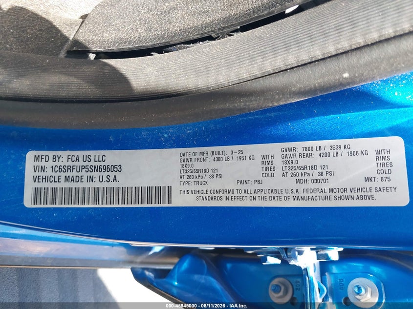 2025 Ram 1500 VIN 1C6SRFUP5SN696053 IAAI salvage auction — FRONT END, Salvage Title, sold $31,250 on 2026-09-21 (photo 9)