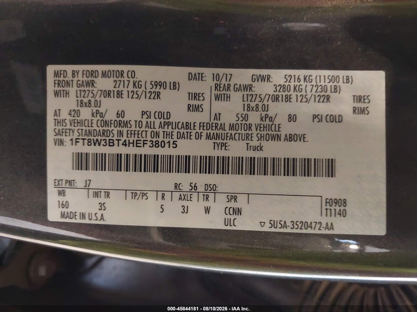 2017 Ford F350 VIN 1FT8W3BT4HEF38015 IAAI salvage auction — FRONT END, Wait Title, sold $12,400 on 2026-09-08 (photo 9)