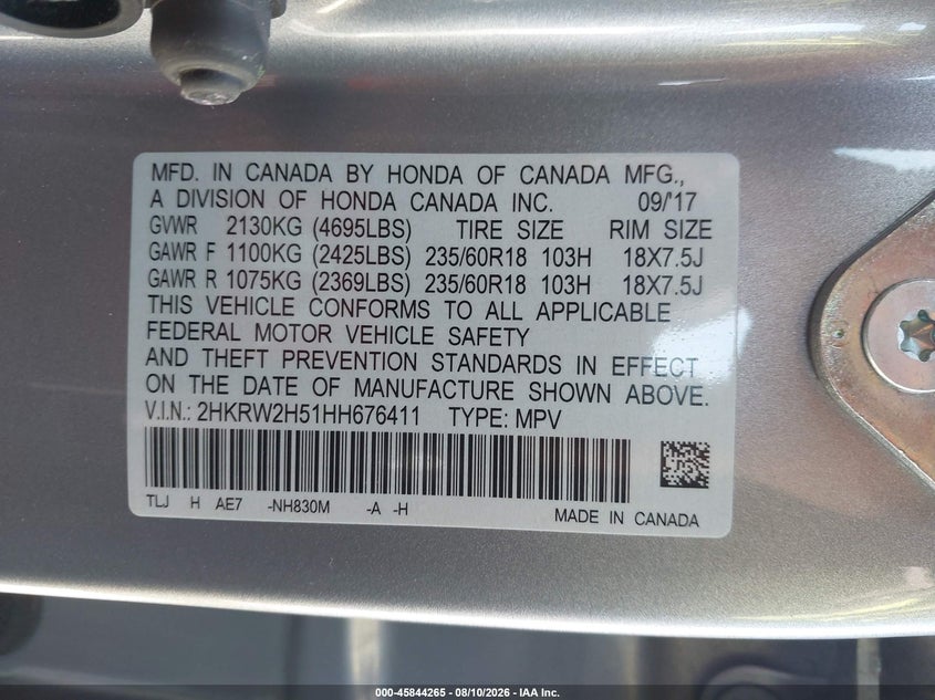 2017 Honda Cr-v VIN 2HKRW2H51HH676411 IAAI salvage auction — REAR END, Salvage (California), sold $6,400 on 2026-08-20 (photo 9)