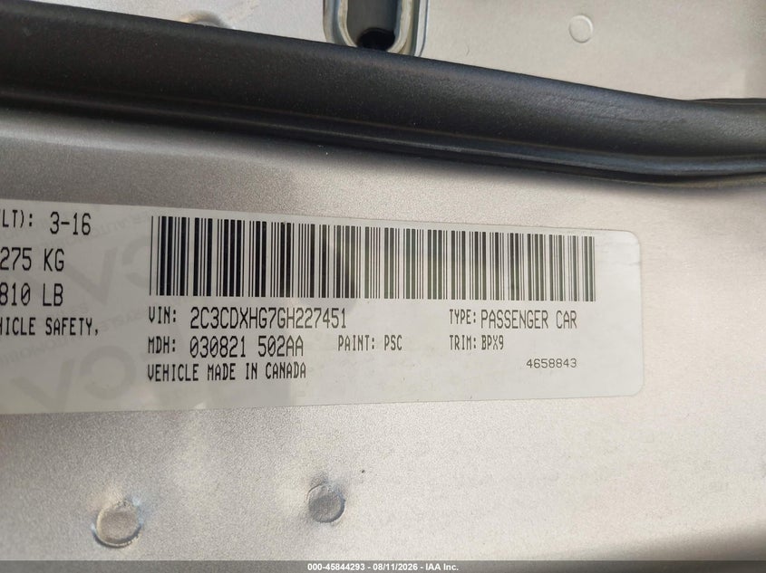 2016 Dodge Charger VIN 2C3CDXHG7GH227451 IAAI salvage auction — REPOSSESSION, Salvage Title, sold $1,500 on 2026-09-03 (photo 9)