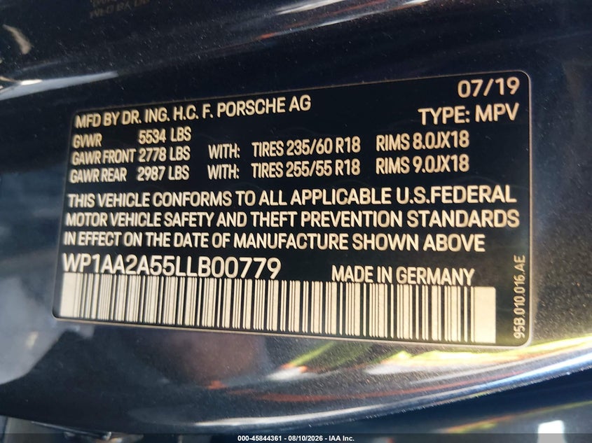 2020 Porsche Macan VIN WP1AA2A55LLB00779 IAAI salvage auction — NORMAL WEAR, Clear - Dealer Only (California), sold $7,600 on 2026-08-12 (photo 9)