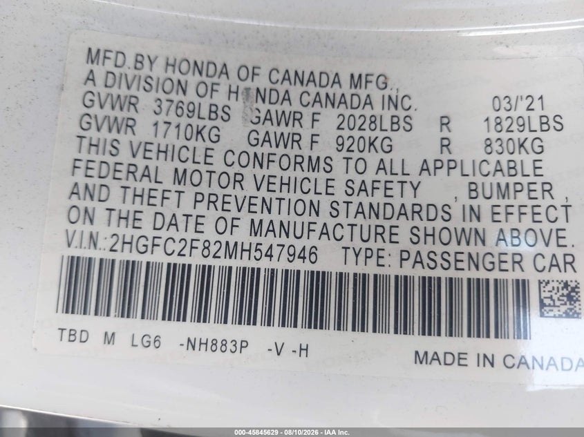 2021 Honda Civic VIN 2HGFC2F82MH547946 IAAI salvage auction — REAR END, Salvage Title, sold $7,100 on 2026-08-20 (photo 9)