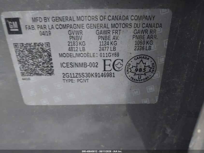 2019 Chevrolet Impala VIN 2G11Z5S30K9146981 IAAI salvage auction — FRONT END, Wait Title, sold $575 on 2026-09-06 (photo 9)