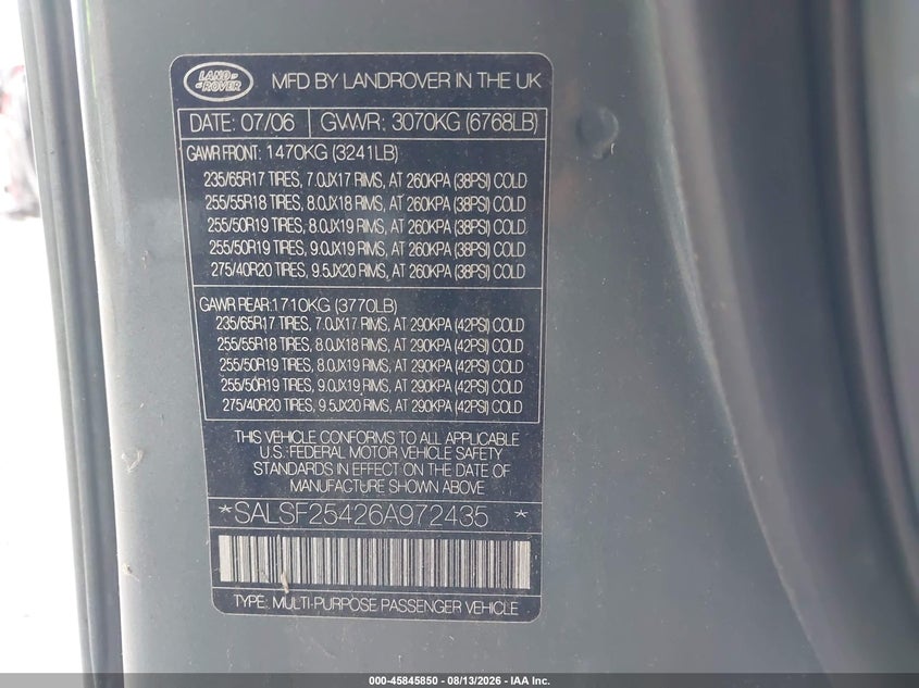 2006 Land rover Range rover sport VIN SALSF25426A972435 IAAI salvage auction — NORMAL WEAR, Clear (Louisiana), sold $800 on 2026-08-19 (photo 9)