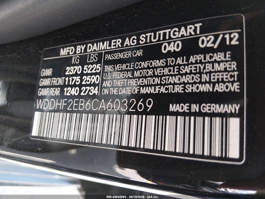 2012 Mercedes-benz VIN WDDHF2EB6CA603269 IAAI salvage auction — NORMAL WEAR, Clear (Texas), sold $2,200 on 2026-08-27 (photo 9)