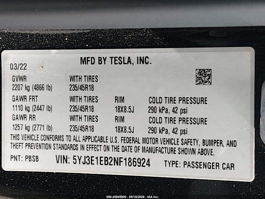 2022 Tesla Model 3 VIN 5YJ3E1EB2NF186924 IAAI salvage auction — FRONT END, Wait Title, sold $5,300 on 2026-10-10 (photo 9)