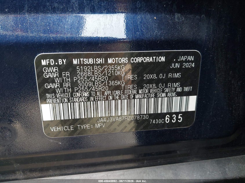 2024 Mitsubishi Outlander VIN JA4J3VA87RZ078730 IAAI salvage auction — FRONT END, Enterprise Vehicles Clear Only (Arizona), sold $13,600 on 2026-08-19 (photo 9)